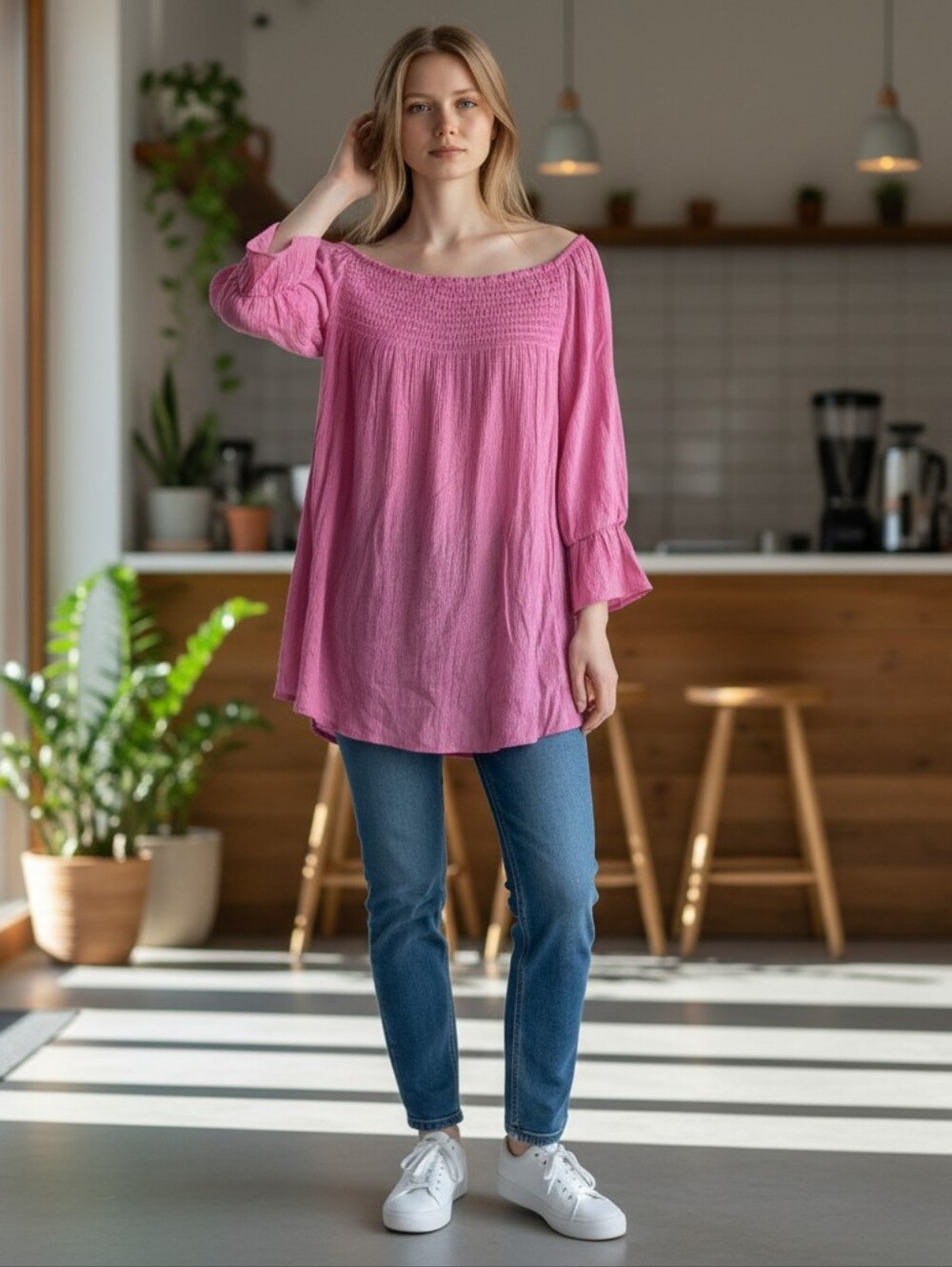 Zac & Rachel Women's Pink Smocked Square-Neck Long Sleeve Top XL